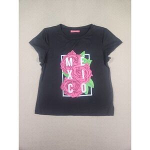 Ilusion Shirt Womens Small S Crew Neck Roses‎ Polyester Blend Pullover Black EUC